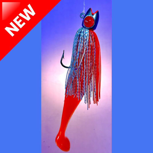 Red and blue fishing lure with a hook on a gradient background